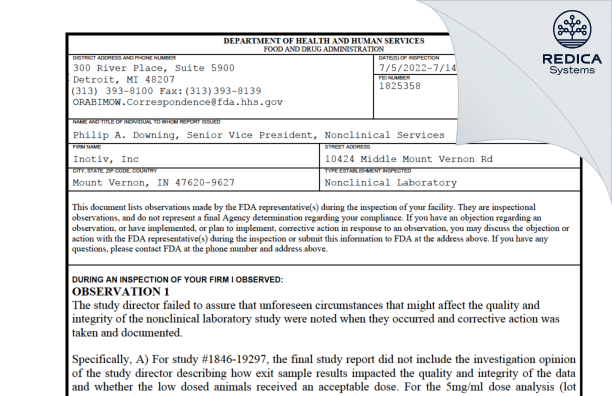 FDA 483 - Inotiv, Inc [Mount Vernon / United States of America] - Download PDF - Redica Systems