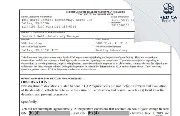 FDA 483 - VRL Eurofins [Dallas / United States of America] - Download PDF - Redica Systems