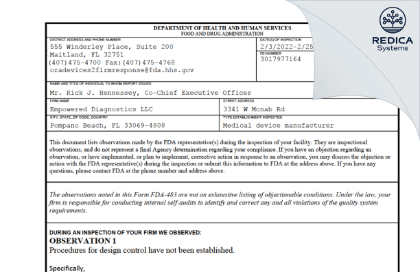 FDA 483 - Empowered Diagnostics LLC [Pompano Beach / United States of America] - Download PDF - Redica Systems