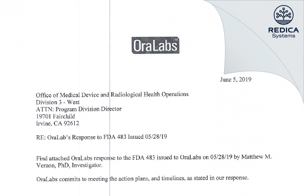 FDA 483 Response - OraLabs, Inc [Parker / United States of America] - Download PDF - Redica Systems