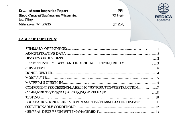 EIR - Versiti Wisconsin, Inc [Milwaukee / United States of America] - Download PDF - Redica Systems
