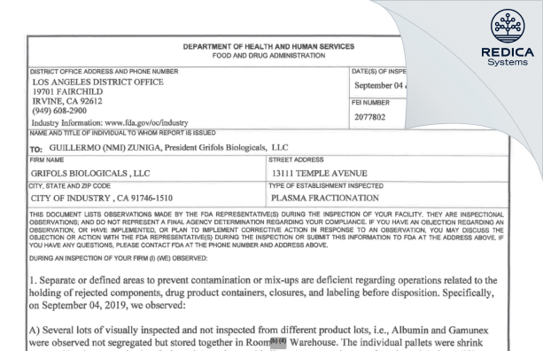 FDA 483 - Grifols Biologicals LLC [City Of Industry California / United States of America] - Download PDF - Redica Systems