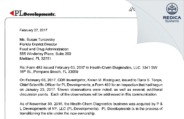 FDA 483 Response - Health-Chem Acquisitions, LLC [Pompano Beach / United States of America] - Download PDF - Redica Systems