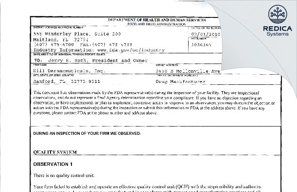 FDA 483 - HILL DERMACEUTICALS, INC. [Florida / United States of America] - Download PDF - Redica Systems