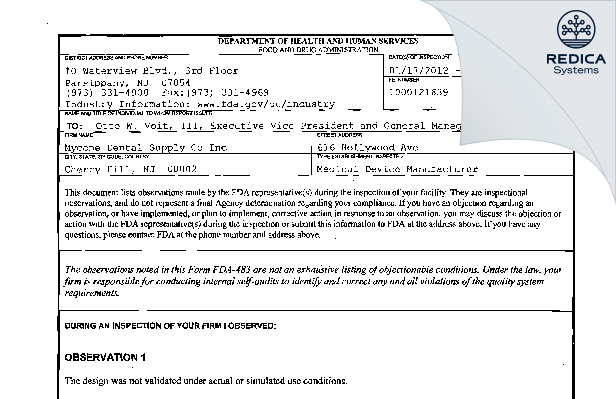 FDA 483 - Keystone Industries [Cherry Hill / United States of America] - Download PDF - Redica Systems