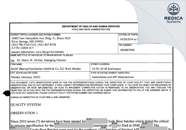 FDA 483 - Siegfried PharmaChemikalien Minden Gmbh [Minden / Germany] - Download PDF - Redica Systems