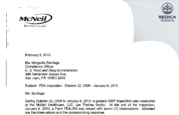 FDA 483 Response - McNeil Healthcare LLC. [Rico / United States of America] - Download PDF - Redica Systems