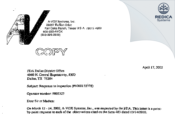 FDA 483 Response - A-VOX Systems, Inc [San Antonio / United States of America] - Download PDF - Redica Systems