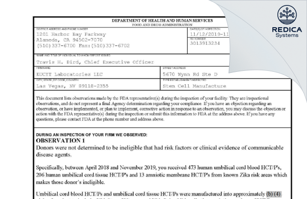 FDA 483 - EUCYT Laboratories LLC [Las Vegas / United States of America] - Download PDF - Redica Systems