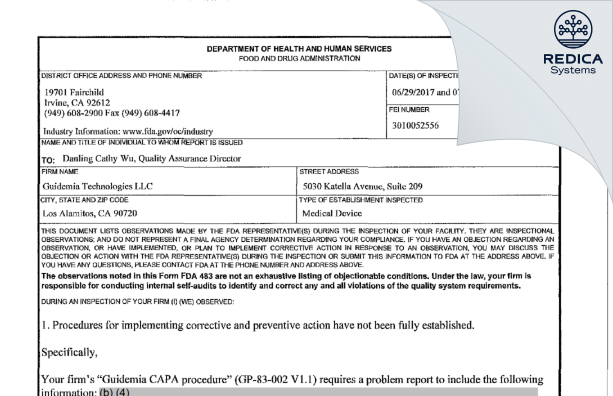 FDA 483 - Guidemia Technologies Inc. [Los Alamitos / United States of America] - Download PDF - Redica Systems