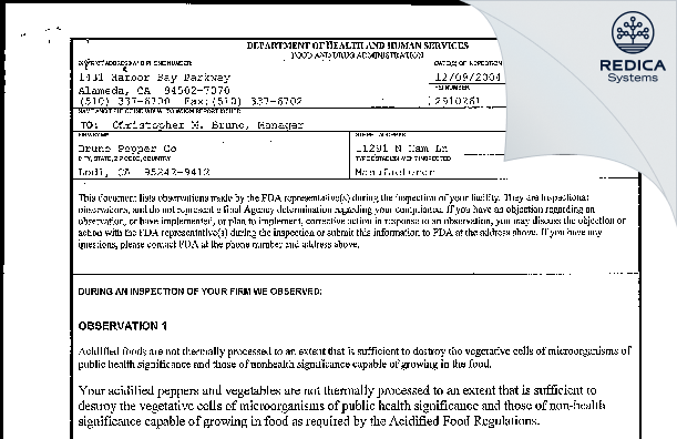 FDA 483 - Bruno Pepper Company, LLC [Lodi / United States of America] - Download PDF - Redica Systems