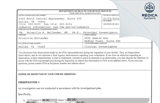 FDA 483 - Priscilla Hollander [Dallas / United States of America] - Download PDF - Redica Systems