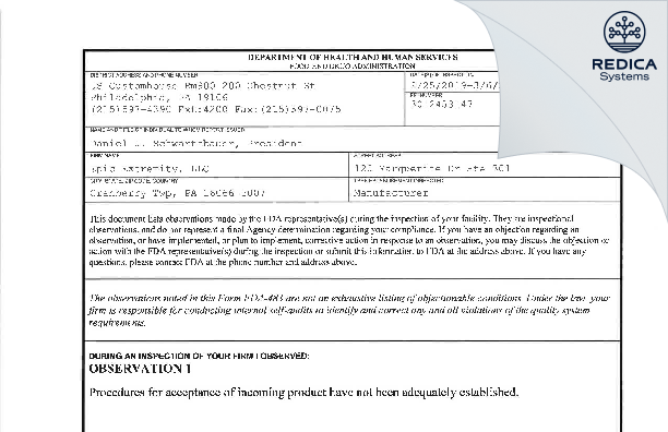 FDA 483 - Epic Extremity, LLC [Cranberry Twp / United States of America] - Download PDF - Redica Systems