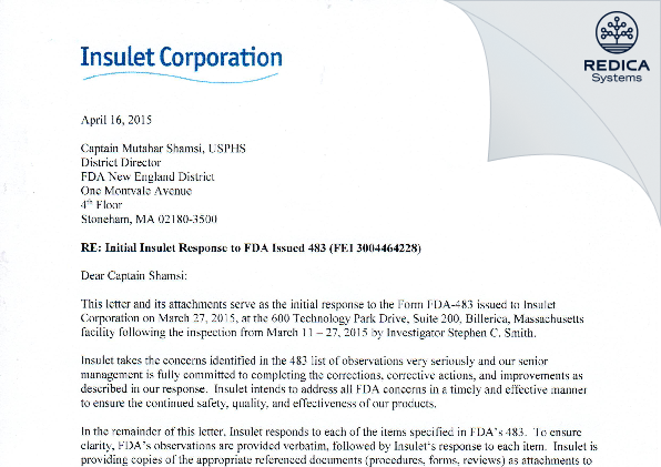 FDA 483 Response - Insulet Corporation [Billerica / United States of America] - Download PDF - Redica Systems