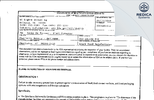 FDA 483 - Kellogg-Charlotte Bakery [Charlotte / United States of America] - Download PDF - Redica Systems