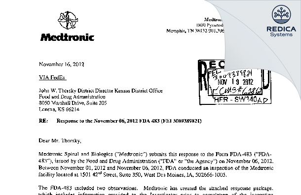 FDA 483 Response - Medtronic Inc [West Des Moines / United States of America] - Download PDF - Redica Systems