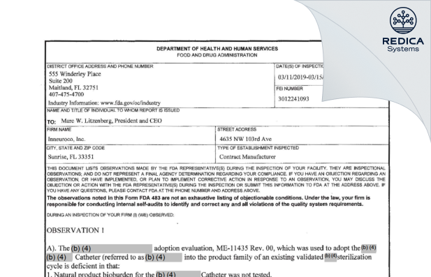 FDA 483 - Inneuroco, Inc. [Sunrise / United States of America] - Download PDF - Redica Systems