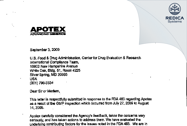 FDA 483 Response - Apotex Inc. [Toronto / Canada] - Download PDF - Redica Systems