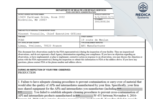 FDA 483 - PCAS [France / France] - Download PDF - Redica Systems