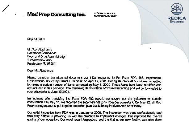 FDA 483 Response - Med Prep Consulting, Inc. [Ocean / United States of America] - Download PDF - Redica Systems
