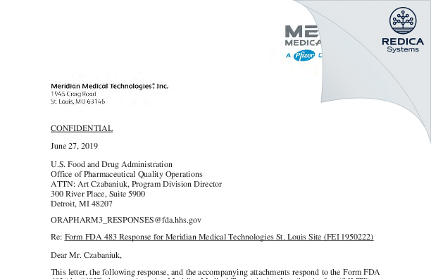 FDA 483 Response - Meridian Medical Technologies, LLC [St. Louis / United States of America] - Download PDF - Redica Systems