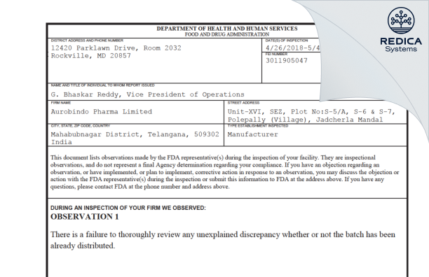 FDA 483 - Eugia SEZ Private Limited [India / India] - Download PDF - Redica Systems