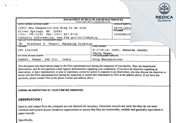 FDA 483 - USV Private Limited [- / India] - Download PDF - Redica Systems