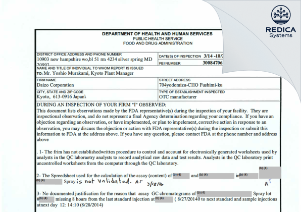 FDA 483 - DAIZO Corporation [Kyoto / Japan] - Download PDF - Redica Systems