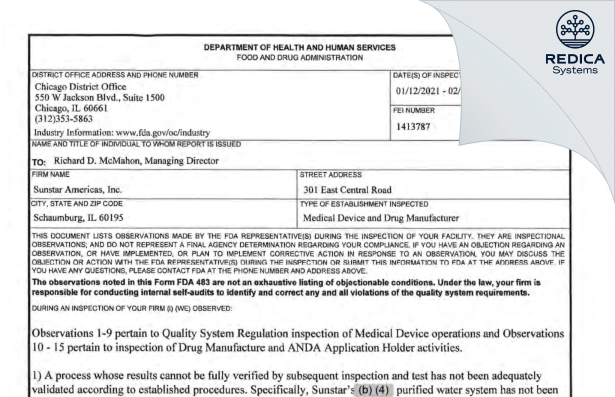 FDA 483 - Sunstar Americas, Inc. [Schaumburg / United States of America] - Download PDF - Redica Systems