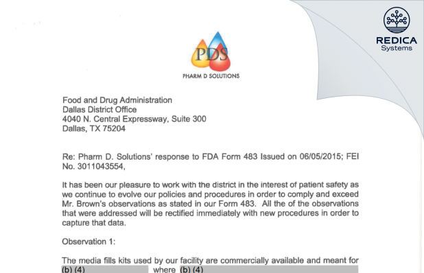 FDA 483 Response - Pharm D Solutions, LLC [Houston / United States of America] - Download PDF - Redica Systems
