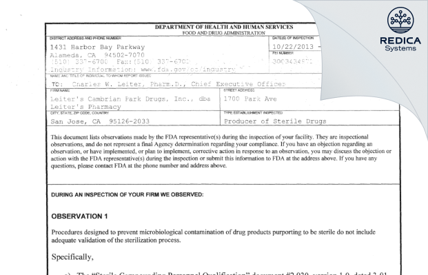 FDA 483 - Leiter’s Compounding [San Jose / United States of America] - Download PDF - Redica Systems