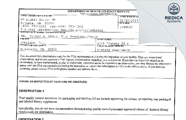 FDA 483 - Vitalabs, Inc. [Mcdonough / United States of America] - Download PDF - Redica Systems