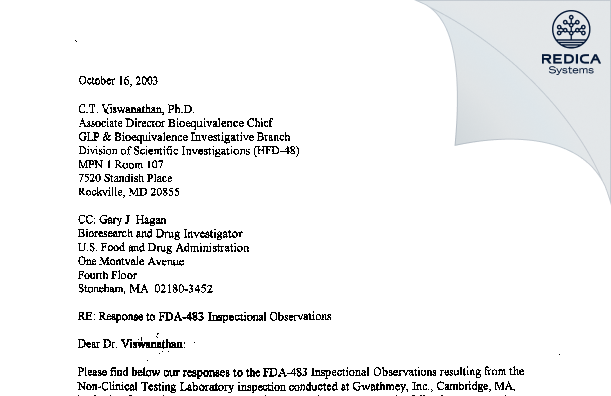 FDA 483 Response - Gwathmey, Inc. [Cambridge / United States of America] - Download PDF - Redica Systems