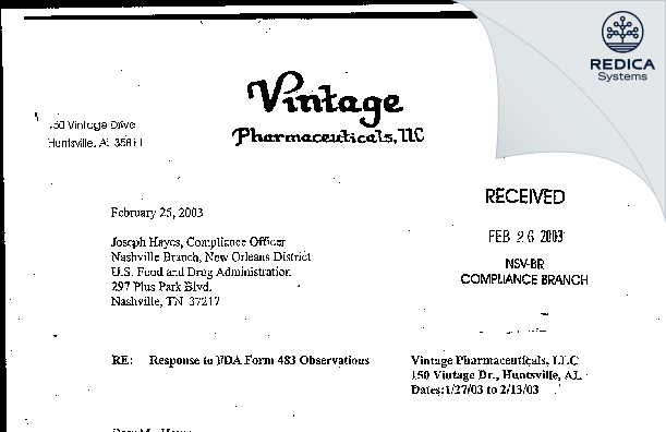 FDA 483 Response - TriRx Huntsville Pharmaceutical Services, LLC [Huntsville / United States of America] - Download PDF - Redica Systems