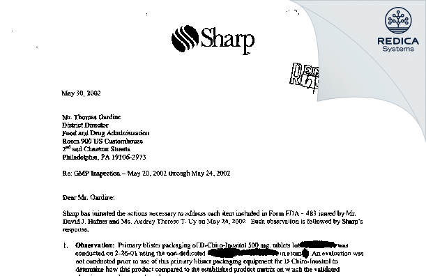 FDA 483 Response - Sharp Packaging Services, LLC [Conshohocken Pennsylvania / United States of America] - Download PDF - Redica Systems