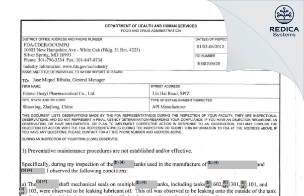 FDA 483 - Esteve Huayi Pharmaceutical Co., Ltd. [China / China] - Download PDF - Redica Systems