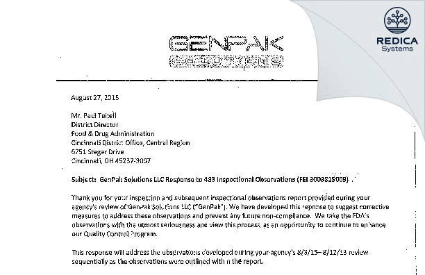 FDA 483 Response - GenPak Solutions LLC [Hilliard / United States of America] - Download PDF - Redica Systems