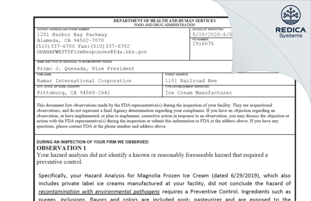 FDA 483 - Ramar International Corporation [Pittsburg / United States of America] - Download PDF - Redica Systems