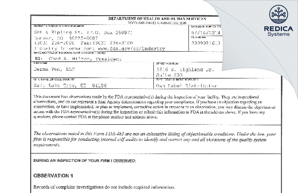 FDA 483 - Derma Pen, LLC [Salt Lake City / United States of America] - Download PDF - Redica Systems