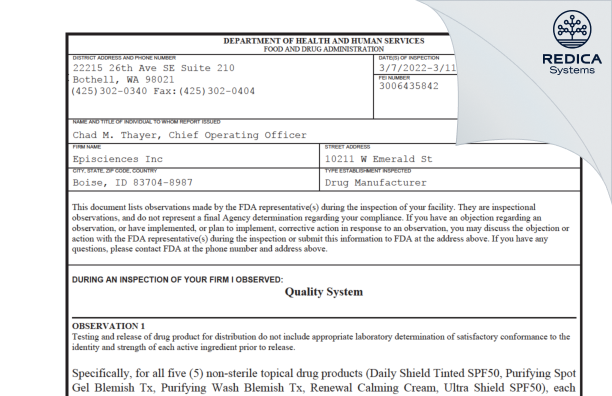 FDA 483 - Episciences, Inc. [Boise / United States of America] - Download PDF - Redica Systems