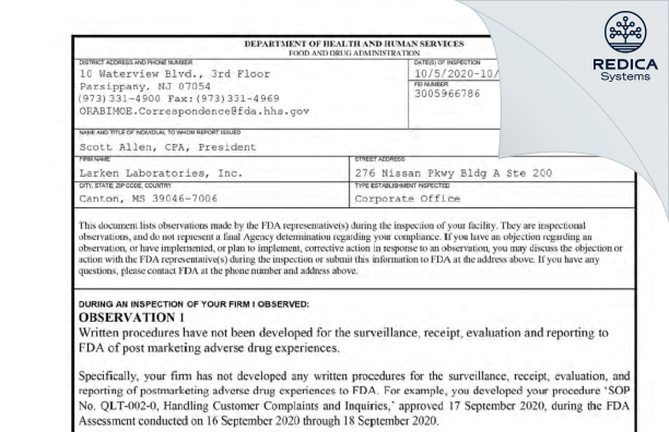 FDA 483 - Larken Laboratories, Inc. [Canton / United States of America] - Download PDF - Redica Systems