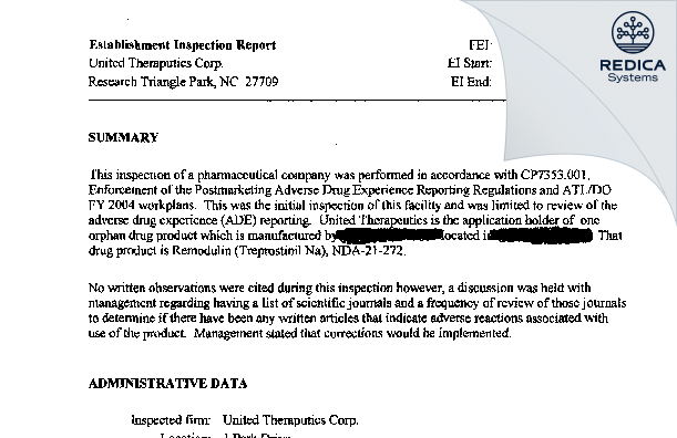 EIR - United Therapeutics Corporation [Research Triangle Park / United States of America] - Download PDF - Redica Systems