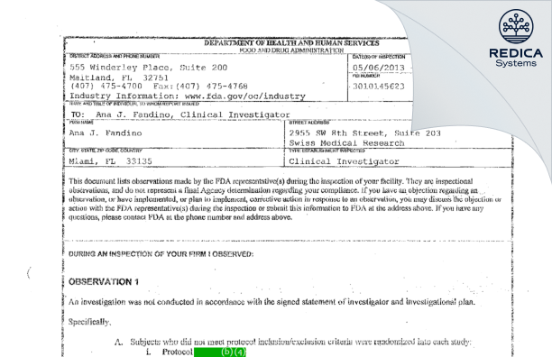 FDA 483 - Ana J. Fandino [Miami / United States of America] - Download PDF - Redica Systems