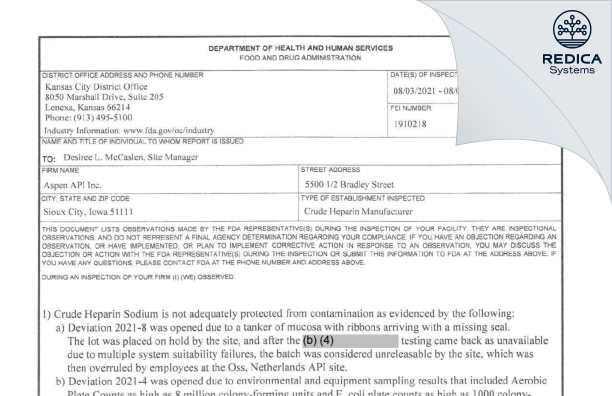 FDA 483 - Aspen API Inc. [Sioux City / United States of America] - Download PDF - Redica Systems
