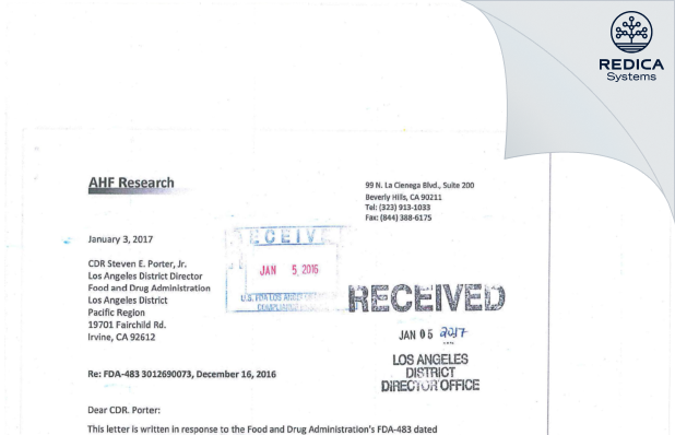 FDA 483 Response - Laveeza (nmi) Bhatti, M.D., Principle Investigator [Beverly Hills / United States of America] - Download PDF - Redica Systems