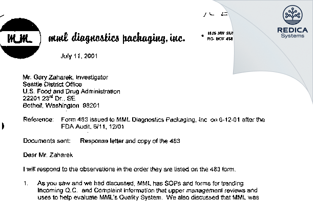 FDA 483 Response - MML Diagnostics Packaging, Inc [Troutdale / United States of America] - Download PDF - Redica Systems