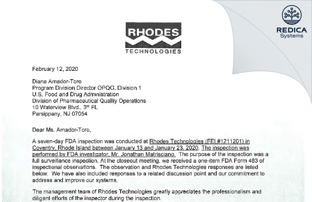 FDA 483 Response - PHARMARON MANUFACTURING SERVICES (US) LLC [Coventry / United States of America] - Download PDF - Redica Systems