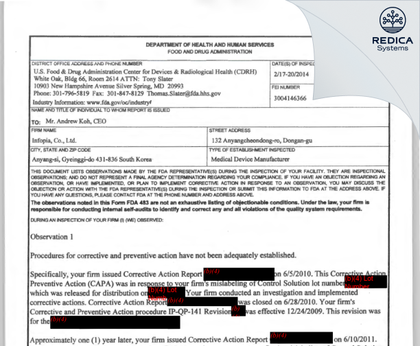 FDA 483 - Infopia Co., Ltd. [- / -] - Download PDF - Redica Systems