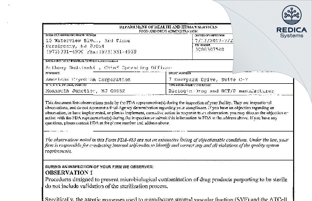 FDA 483 - American CryoStem Corporation [Monmouth Junction / United States of America] - Download PDF - Redica Systems