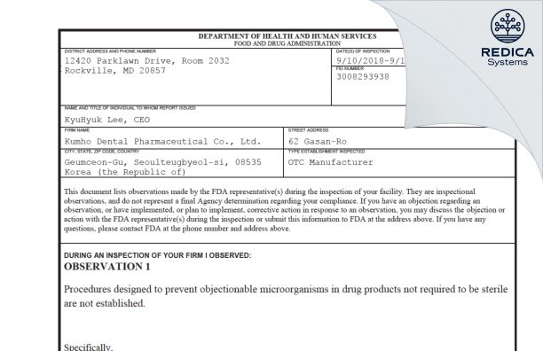 FDA 483 - Kumho Dental Pharmaceutical Co., Ltd. [- / -] - Download PDF - Redica Systems